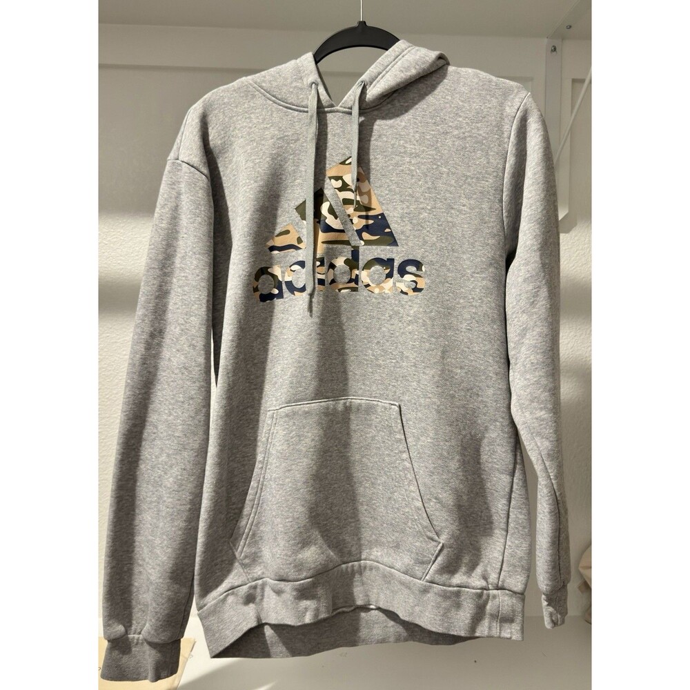 Adidas Camo Logo Pullover Hoodie Sweatshirt Grey
